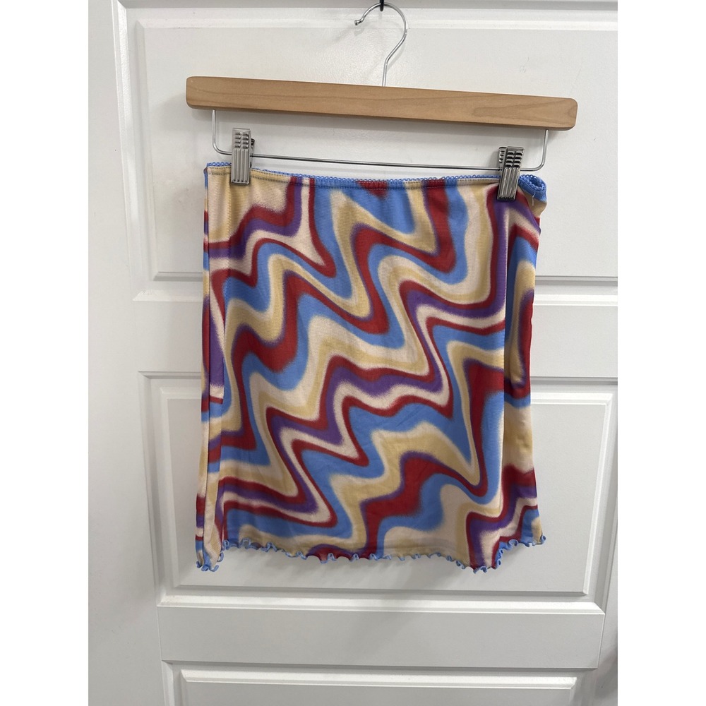 3/$30 UO Wavy Psychedelic Mesh Mini Skirt Retro Y2K Style Lettuce Edge Hem Multi